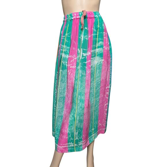 ANNTIAN 100% Silk Skirt Fake Jean Stripe One Size Tie on the Waist Side Pockets - Picture 1 of 11